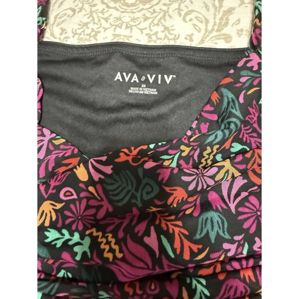 Ava &‎ Viv Women's Black Floral Print Lined Mesh Spaghetti Ruched Dress 2X